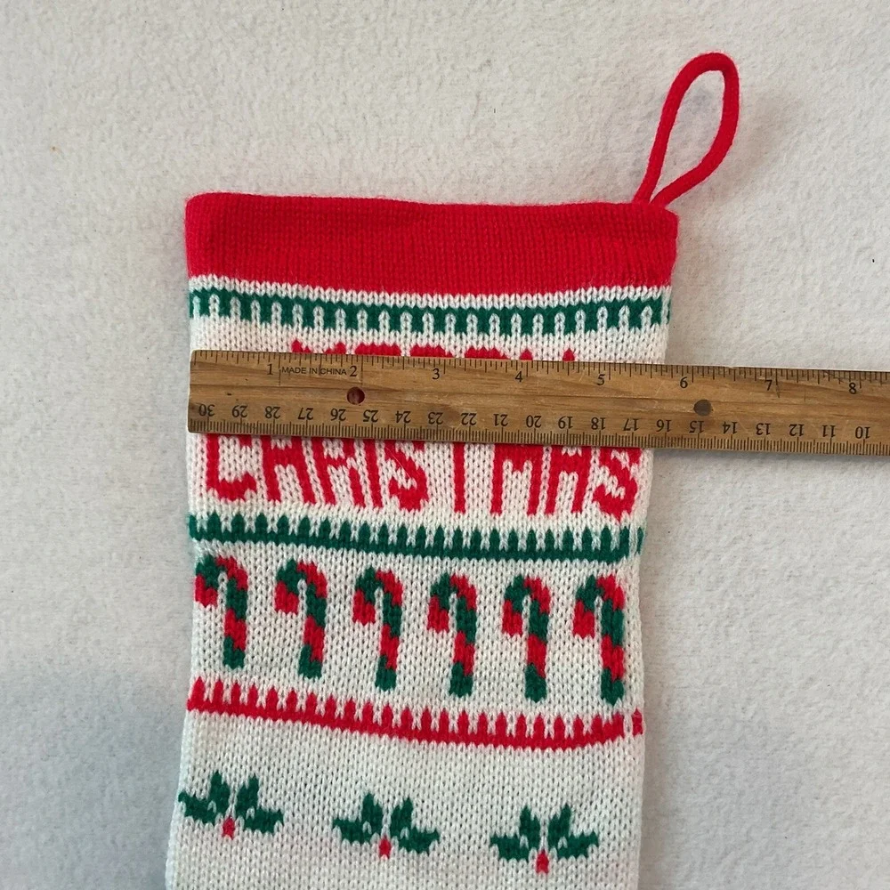 Christmas‎ Stocking Knitted Knit White Candy Canes Holly Leaves Merry Taiwan